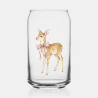 Cute Watercolor Fawn with Pink Bow Can Glass