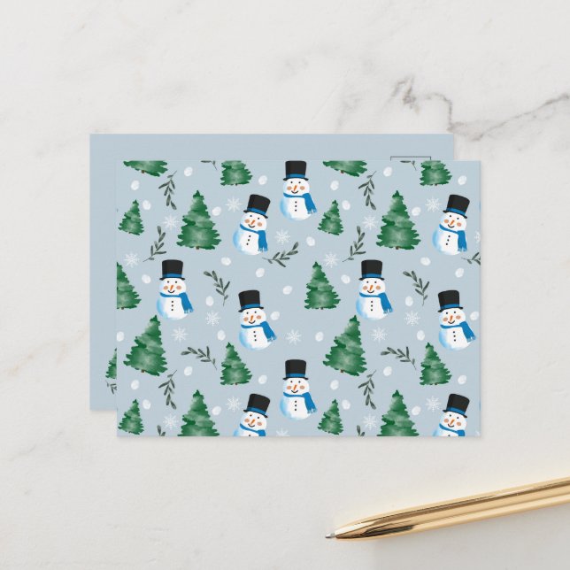 Cute Watercolor Festive Snow Pattern Holiday Postcard (Front/Back In Situ)