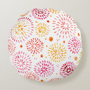 Cute watercolor fireworks in yellow and orange round cushion