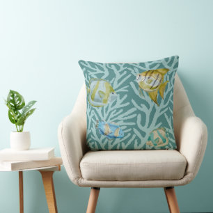 Cute Watercolor Fish On Coral Reef Cushion