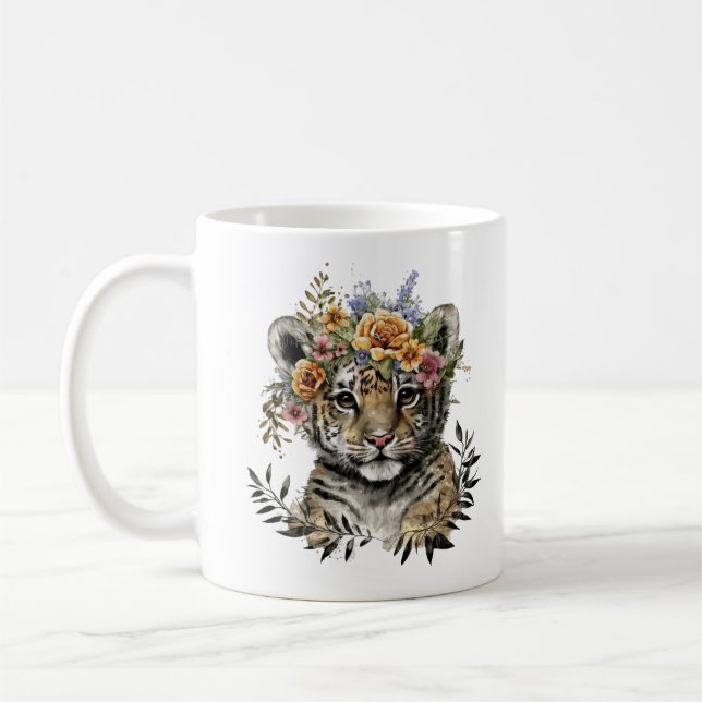 Cute Watercolor Floral Baby Tiger Coffee Mug (Left)