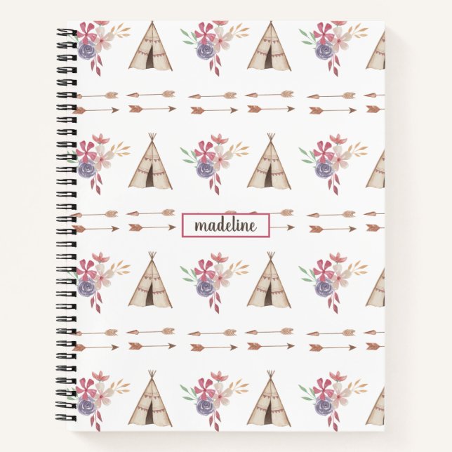 Cute Watercolor Floral Boho Teepee Personalised Notebook (Front)