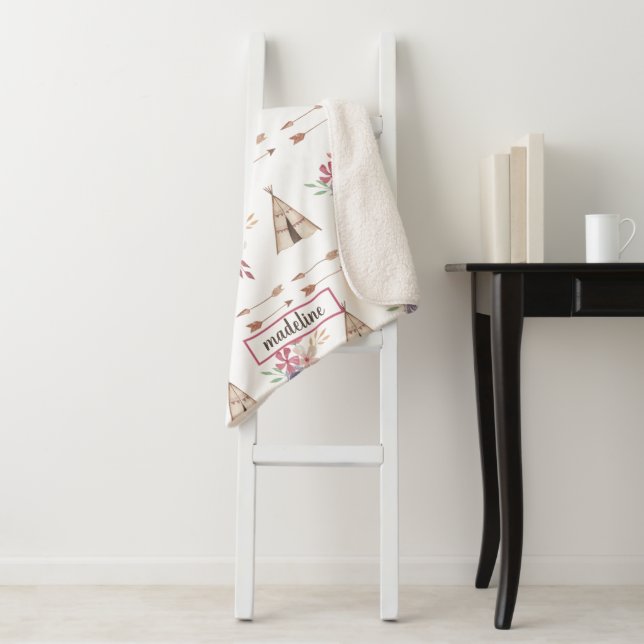 Cute Watercolor Floral Boho Teepee Personalised Sherpa Blanket (In Situ)