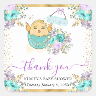 Cute Watercolor Floral Chick and Eggs Baby Shower Square Sticker