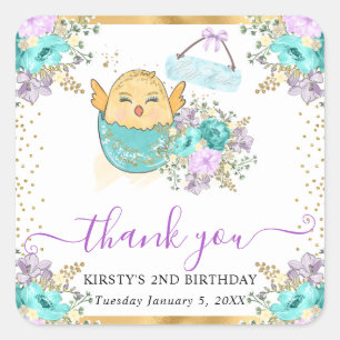 Cute Watercolor Floral Chick and Eggs Birthday Square Sticker