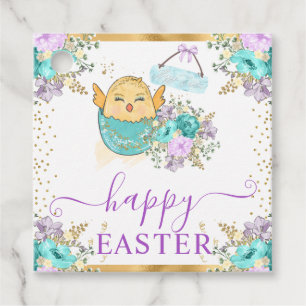 Cute Watercolor Floral Chick and Eggs Easter Favour Tags