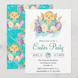 Cute Watercolor Floral Chick in Egg Easter Party Invitation
