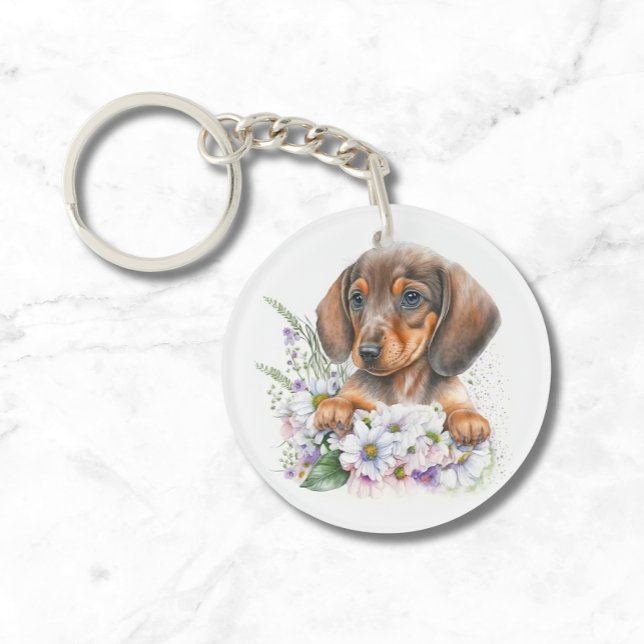 Cute Watercolor Floral Dachshund Puppy Dog Key Ring (View the rest of the collection for matching items)