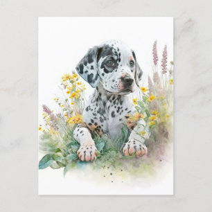 Cute Watercolor Floral Dalmatian Puppy Dog Postcard