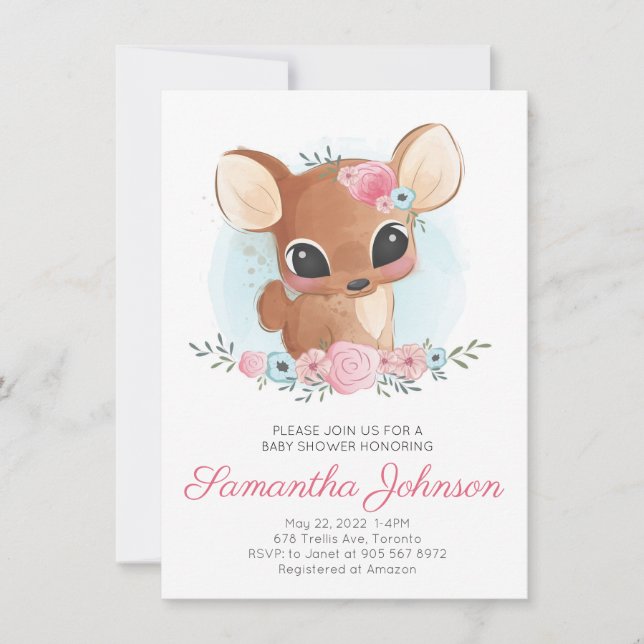 Cute Watercolor Floral Deer Baby Shower Invitation (Front)
