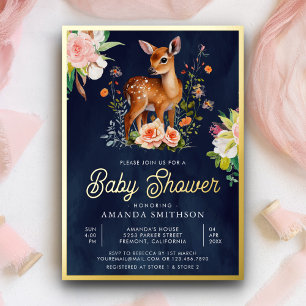 Cute Watercolor Floral Deer Navy Baby Shower Gold