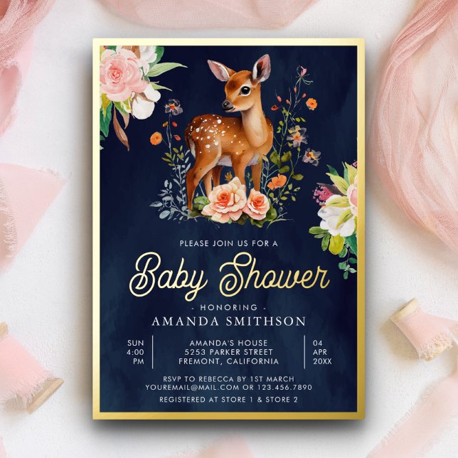 Cute Watercolor Floral Deer Navy Baby Shower Gold (Creator Uploaded)