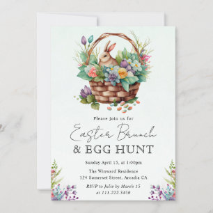 Cute Watercolor Floral Easter Basket and Bunny Invitation