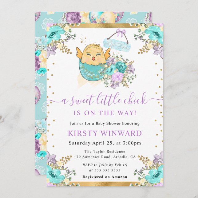 Cute Watercolor Floral Easter Chick Baby Shower Invitation (Front/Back)