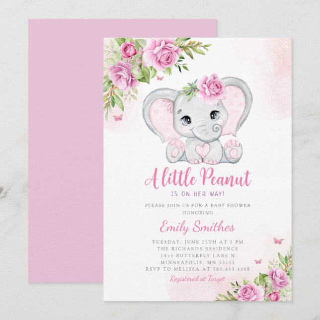 Cute Watercolor Floral Elephant Girl Baby Shower   Invitation (Front/Back)