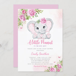 Cute Watercolor Floral Elephant Girl Baby Shower   Invitation
