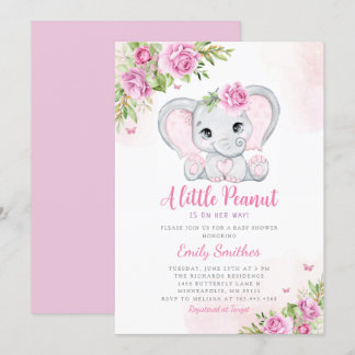 Cute Watercolor Floral Elephant Girl Baby Shower   Invitation