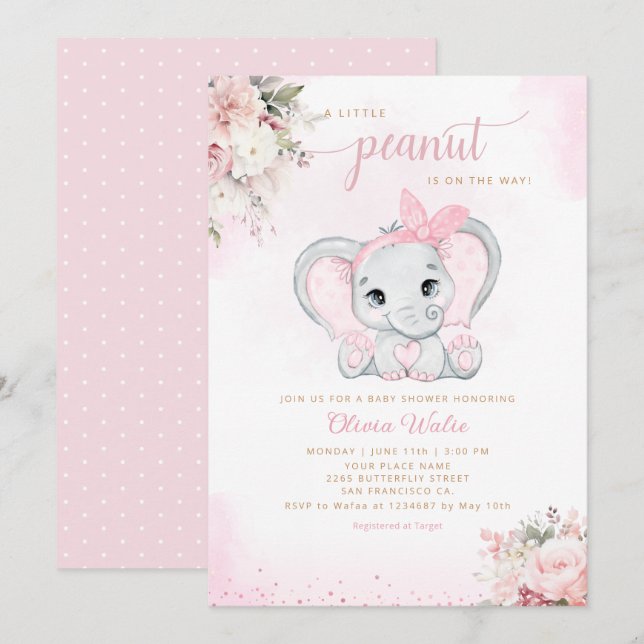 Cute Watercolor Floral Elephant Girl Baby Shower Invitation (Front/Back)