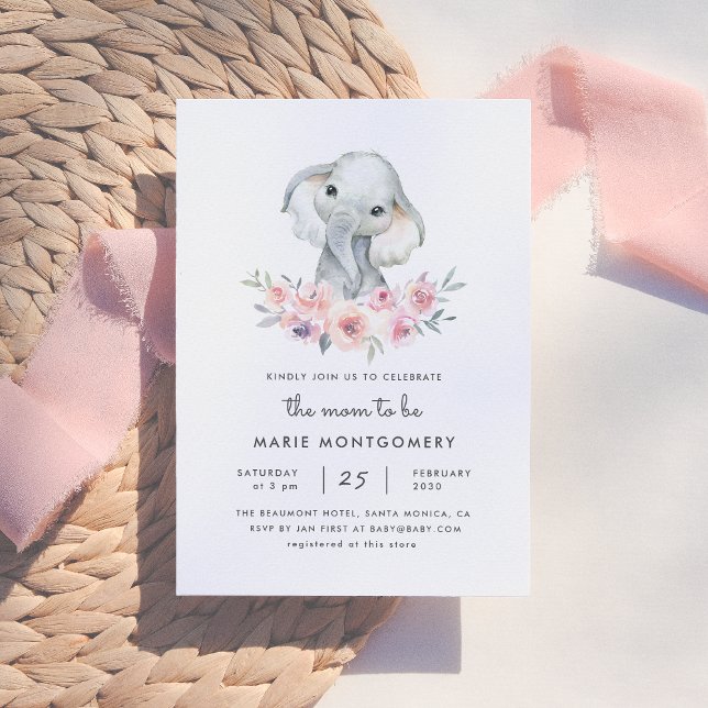 Cute Watercolor Floral Elephant Girl Baby Shower Invitation (Creator Uploaded)