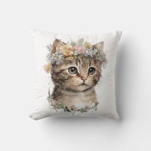 Cute Watercolor Floral Kitten Cushion