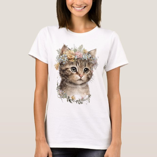 Cute Watercolor Floral Kitten T-Shirt (Front)