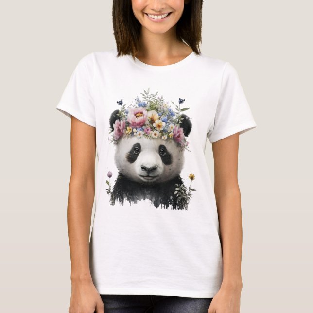 Cute Watercolor Floral Panda T-Shirt (Front)