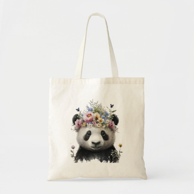 Cute Watercolor Floral Panda Tote Bag (Front)