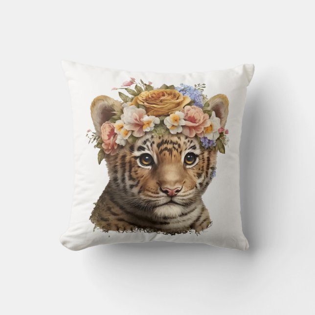 Cute Watercolor Floral Tiger Cushion (Front)