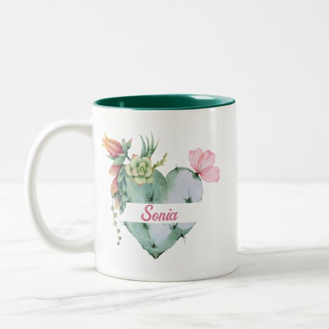 Cute Watercolor Flower Heart & Custom Script Name Two-Tone Coffee Mug (Left)