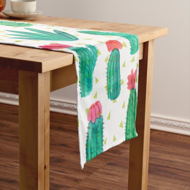 Cute Watercolor Flowering Cactus Pattern Short Table Runner (In Situ)