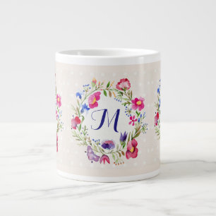 Cute Watercolor Flowers Floral Fine Monogram Large Coffee Mug