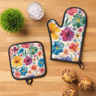 Cute Watercolor Flowers Oven Mitt & Pot Holder Set