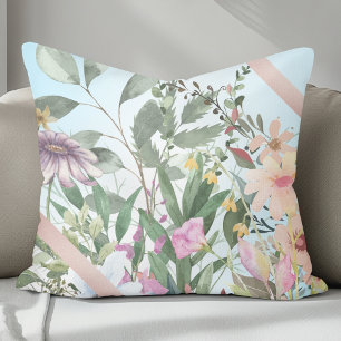 Cute Watercolor Flowers With Light Cyan Background Cushion