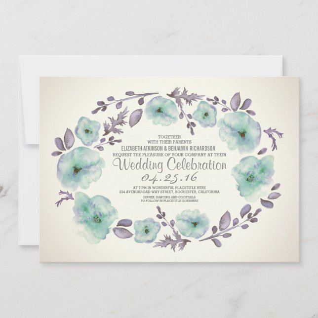 Cute watercolor flowers wreath wedding invites (Front)