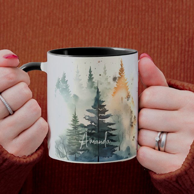 Cute watercolor foggy pine forest Christmas  Mug (Creator Uploaded)