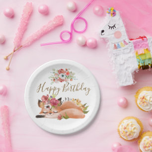 Cute watercolor fox baby birthday party paper plate