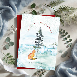 Cute Watercolor Fox Illustration Holiday Card