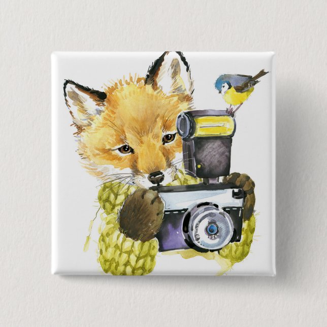 Cute Watercolor Fox Taking Pictures 15 Cm Square Badge (Front)