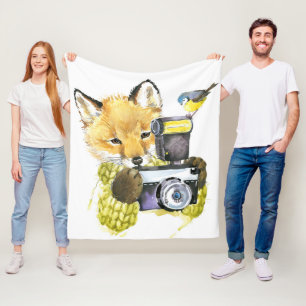 Cute Watercolor Fox Taking Pictures Fleece Blanket