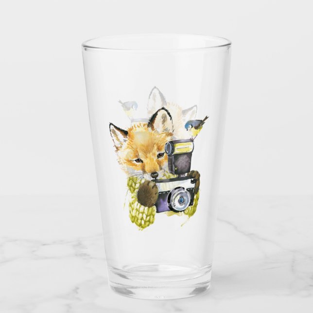 Cute Watercolor Fox Taking Pictures Glass (Front)