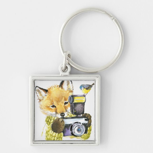 Cute Watercolor Fox Taking Pictures Key Ring (Front)