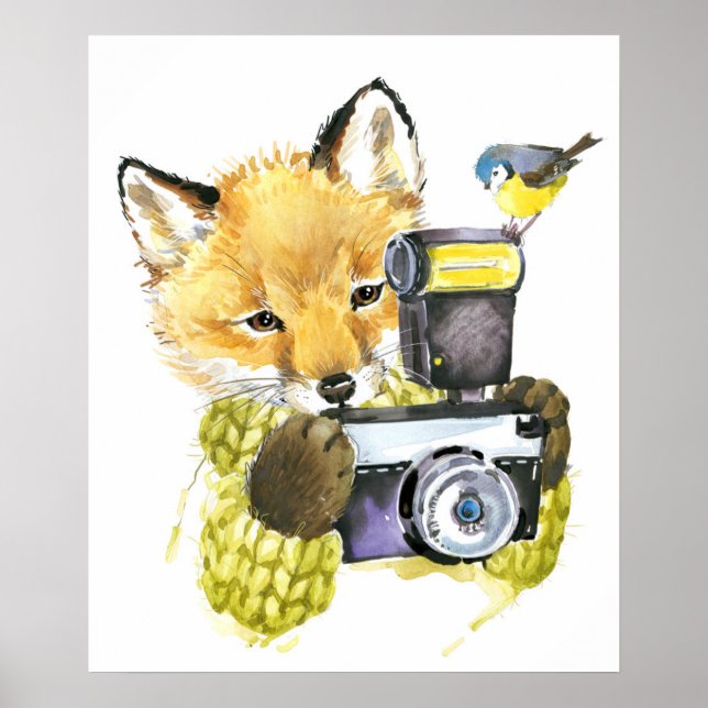 Cute Watercolor Fox Taking Pictures Poster (Front)
