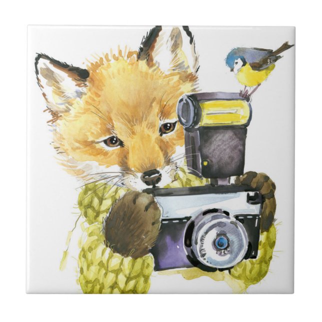 Cute Watercolor Fox Taking Pictures Tile (Front)