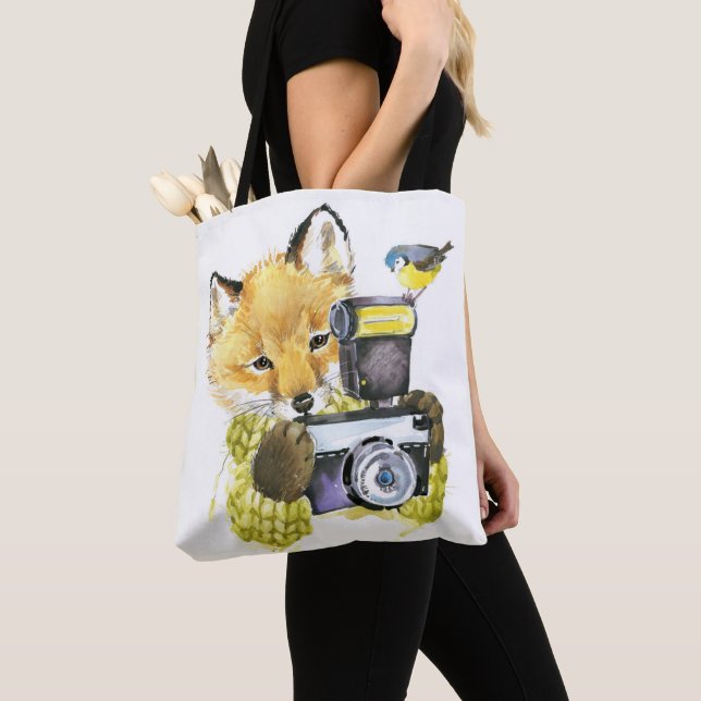 Cute Watercolor Fox Taking Pictures Tote Bag (Close Up)