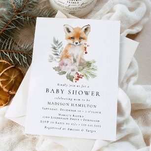 Cute Watercolor Fox Winter Baby Shower Invitation