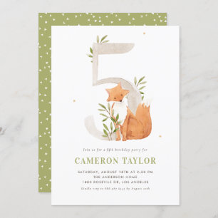 Cute Watercolor Fox Woodland Fifth Birthday Party Invitation