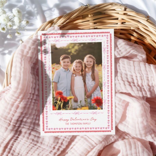 Cute Watercolor Frame Hearts Bows Photo Valentines Holiday Card (Creator Uploaded)