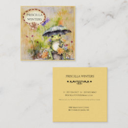 Cute Watercolor Frog Umbrella Square Business Card