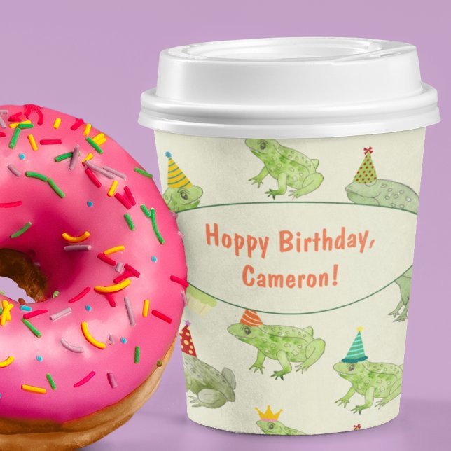 Cute Watercolor Frogs Funny Hoppy Birthday Party Paper Cups (This frog birthday paper cup features retro typography and my cute unique drawings of festive frogs.)