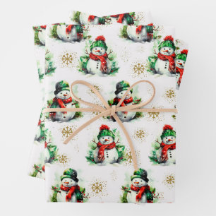 Cute Watercolor Frosty in Red Green Wrapping Paper Sheet